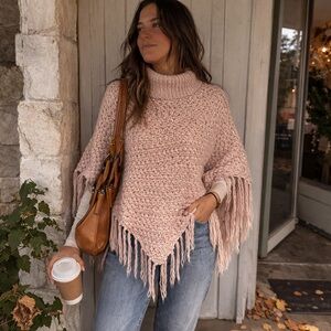 Say What? Vintage Blush Textured Knit Poncho with Fringe | One Size